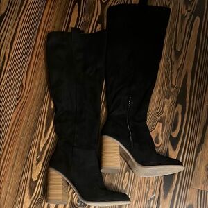 Black Knee-High Boots with Wooden Heel